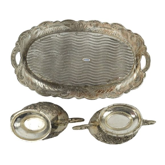 Vintage Cream Sugar Set Roses Floral Scalloped Edges Tray Enamel Interior Japan - Picture 11 of 11